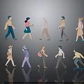 Diverse Characters Silhouettes In Various Poses Walking And Skateboarding On Dark Background With Reflections