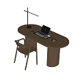 Modern Oval Shaped Wooden Desk With Laptop Headphones Table Lamp And Minimalist Chair