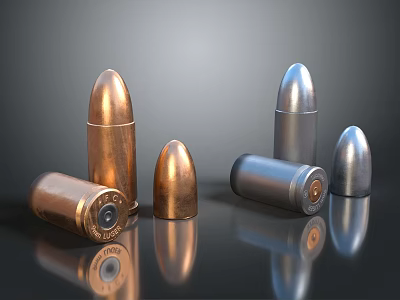 Shiny Metal Bullets As Weapon Ammunition With Copper And Silver Finishes And Various Sizes 3d model