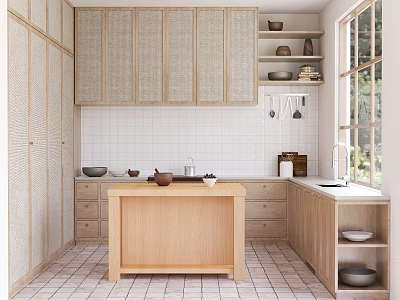 Minimalist Kitchen Interior With Wicker Door Cabinets White Tile Walls Wooden Island And Natural Light 3d model