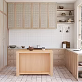Minimalist Kitchen Interior With Wicker Door Cabinets White Tile Walls Wooden Island And Natural Light