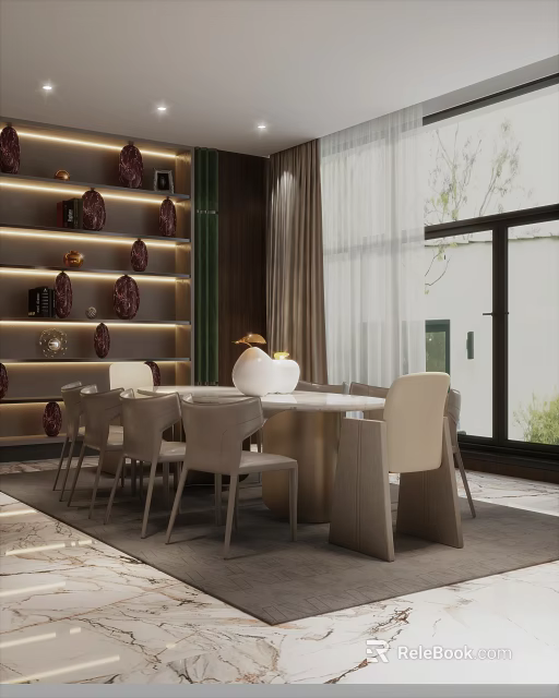 Elegant Modern Restaurant Interior With Round Dining Table Beige Chairs And Decorative Shelves 3d model 