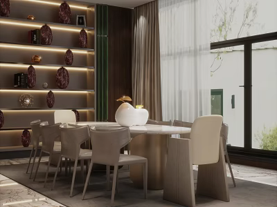 Elegant Modern Restaurant Interior With Round Dining Table Beige Chairs And Decorative Shelves 3d model