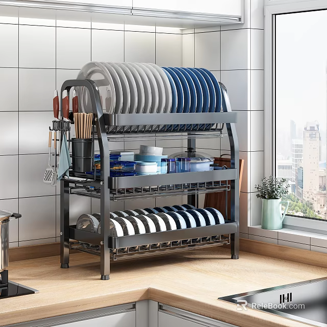 Multilayer Kitchen Dish Rack With Plates Bowls Cups Utensils And Potted Plant By Window 3d model 