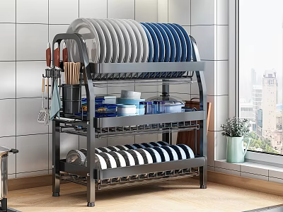 Multilayer Kitchen Dish Rack With Plates Bowls Cups Utensils And Potted Plant By Window 3d model