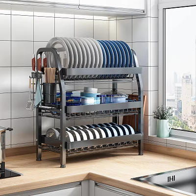 Multilayer Kitchen Dish Rack With Plates Bowls Cups Utensils And Potted Plant By Window 3d model