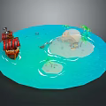 Cartoon Scenic Pirate Ship With Red Striped Sails Near Tropical Island And Blue Ocean