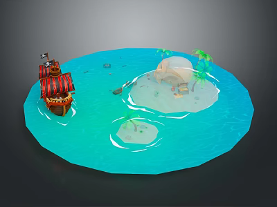 Cartoon Scenic Pirate Ship With Red Striped Sails Near Tropical Island And Blue Ocean 3d model