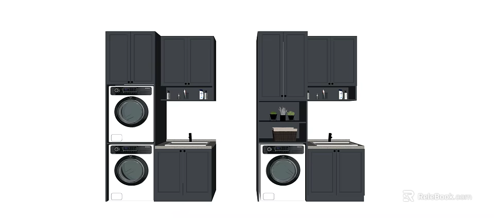Modern Black Bathroom Cabinetry With Washer Dryer Sink Storage Cabinets And Shelves 3d model 