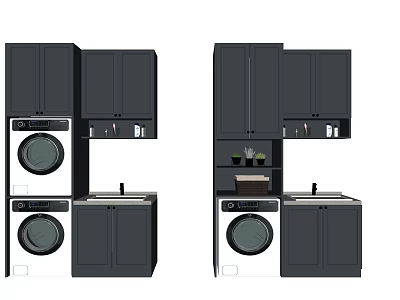 Modern Black Bathroom Cabinetry With Washer Dryer Sink Storage Cabinets And Shelves 3d model