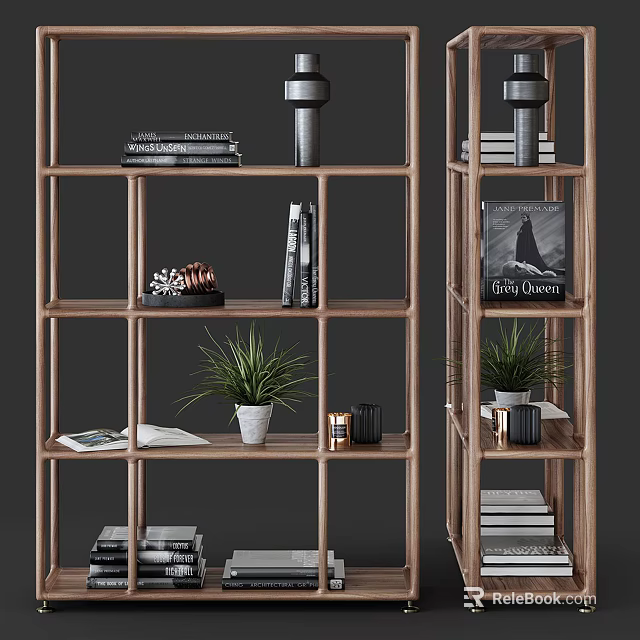 Wooden Open Shelf Bookshelf With Stacked Books Decorative Ornaments Potted Plant And Modern Design 3d model 
