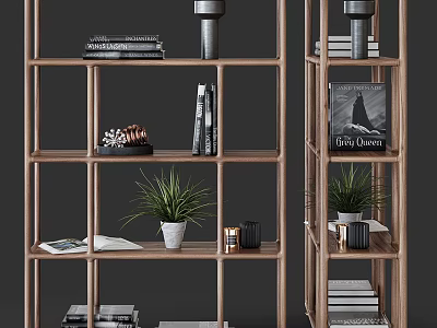 Wooden Open Shelf Bookshelf With Stacked Books Decorative Ornaments Potted Plant And Modern Design 3d model