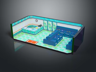 Cartoon Style Living Room Interior With Blue Sofas Green Geometric Floor And Clock 3d model