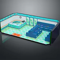 Cartoon Style Living Room Interior With Blue Sofas Green Geometric Floor And Clock