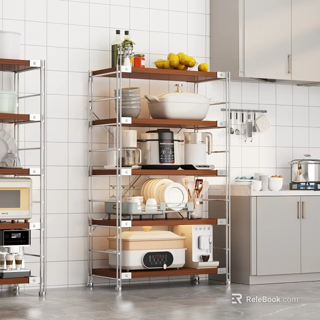 Multi tiered Kitchen Shelf With Lemons Pots Dishes And Coffee Maker In Modern Kitchen 3d model