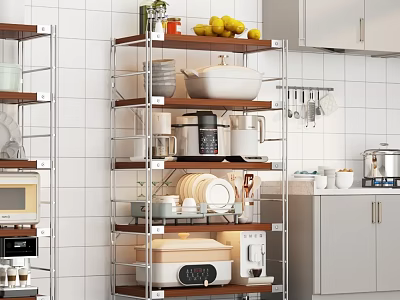 Multi tiered Kitchen Shelf With Lemons Pots Dishes And Coffee Maker In Modern Kitchen 3d model