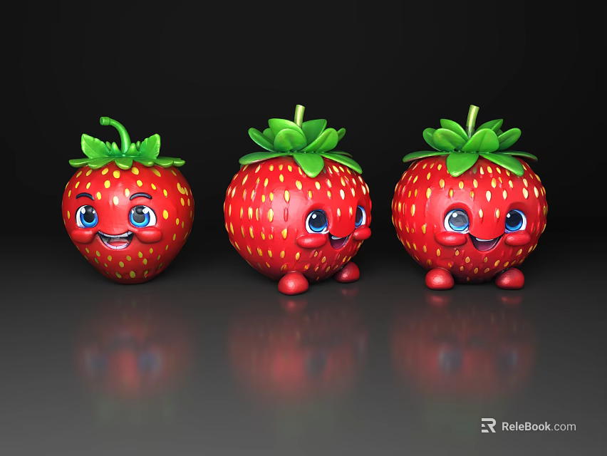 Cute Cartoon Strawberries With Smiling Faces Green Leaves And Small Legs 3d model 