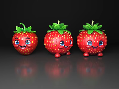 Cute Cartoon Strawberries With Smiling Faces Green Leaves And Small Legs 3d model