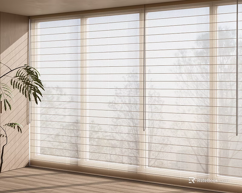 Natural Light Filtering Venetian Blinds On Large Window In Modern Indoor Space With Plant 3d model 