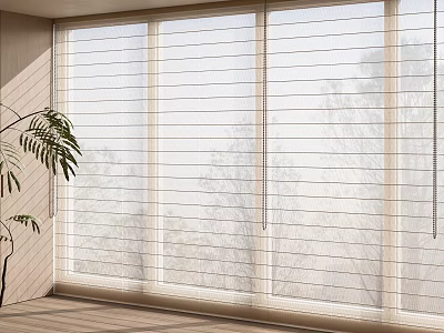 Natural Light Filtering Venetian Blinds On Large Window In Modern Indoor Space With Plant 3d model