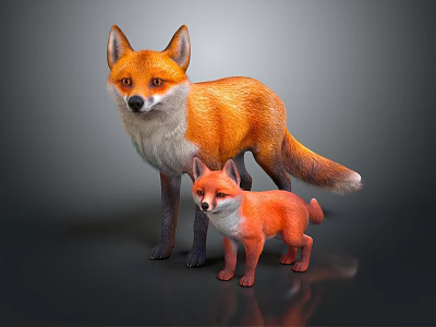 Adult Red Fox With White Chest And Small Orange Cub On Dark Shiny Surface 3d model