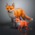 Adult Red Fox With White Chest And Small Orange Cub On Dark Shiny Surface