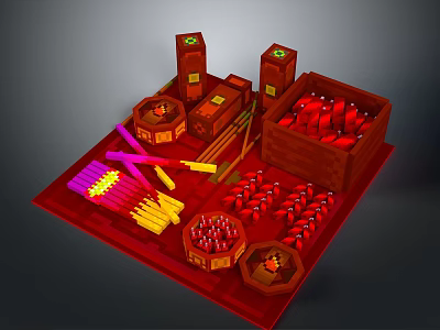 Colorful Asian Food Ingredients With Red Containers And Yellow Chopsticks On Table 3d model