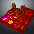 Colorful Asian Food Ingredients With Red Containers And Yellow Chopsticks On Table