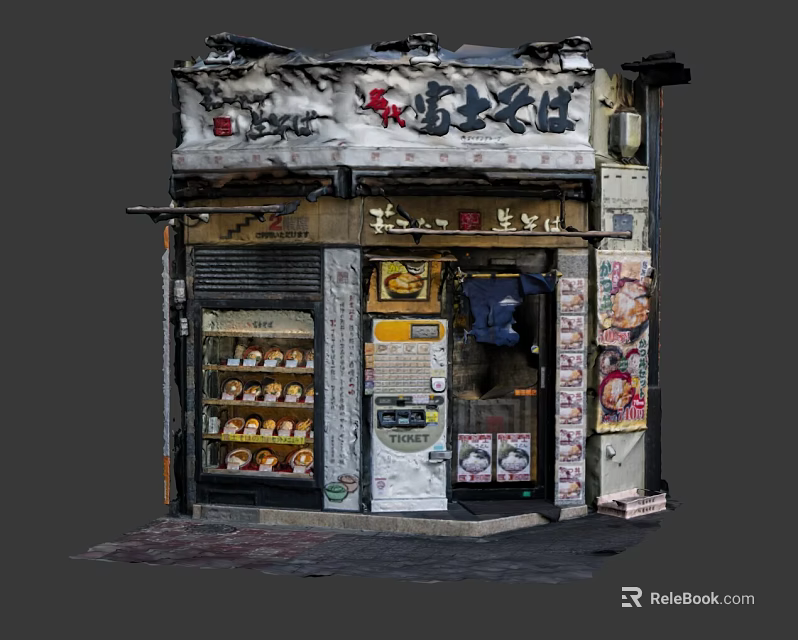 Cartoon Style Japanese Snack Storefront With Traditional Signboard Window Food Displays And Posters 3d model 