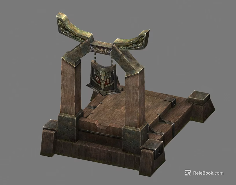 Ancient Guillotine Weapon With Wooden Pillars Metal Blade And Base Platform Structure 3d model