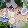 Park Landscape With Children's Play Area Colorful Paving Circular Seating And Green Lawns