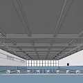 Modern Indoor Swimming Pool With Diving Platforms Large Windows Ceiling Lights And Exposed Beams
