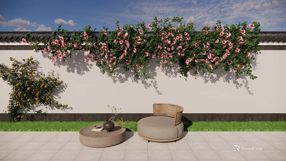 Courtyard Garden With Green Vines Pink Flowers Wicker Furniture And Gray Tile Floor 3d model 