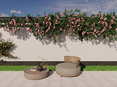 Courtyard Garden With Green Vines Pink Flowers Wicker Furniture And Gray Tile Floor 3d model