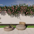 Courtyard Garden With Green Vines Pink Flowers Wicker Furniture And Gray Tile Floor