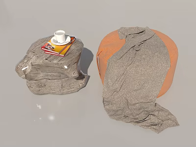 Comfortable Gray And Orange Bean Bag Chair With Stacked Unfolded Design And Book Cup 3d model