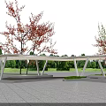 Modern Outdoor Pergola Structure With White Frame And Red Leaf Trees 3d model