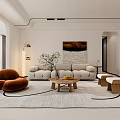 Modern Living Room Interior With Large Screen Light Gray Sofa Stools Rug And Green Plants