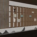 Tranquil Leisure Area With Wooden Lattice Screen Illuminated Shelves Ornaments Stone Pebbles And Wooden Flooring