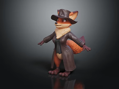 Adorable Anthropomorphic Fox Detective Character Wearing Trench Coat Vest And Fedora Hat 3d model