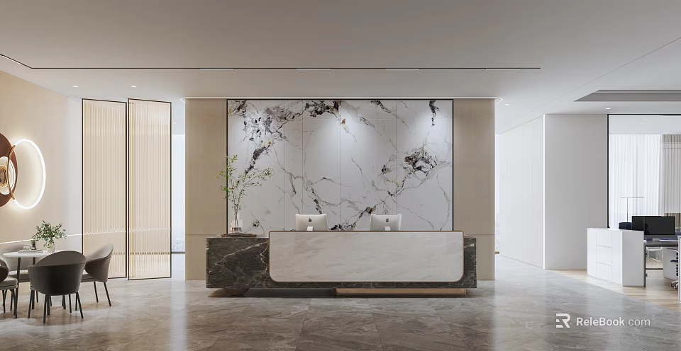 Elegant Modern Reception Area With Marble Backdrop Wall Open Layout And Green Plant 3d model 