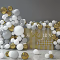 Gold White And Gray Spheres Stacked In Pyramid With Transparent Wine Glass And Geometric Panels