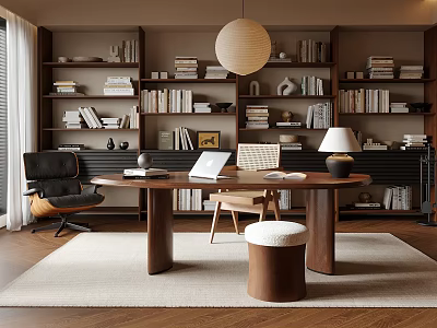 Modern Study Room Interior With Wooden Table Open Books Table Lamp And Bookshelves 3d model
