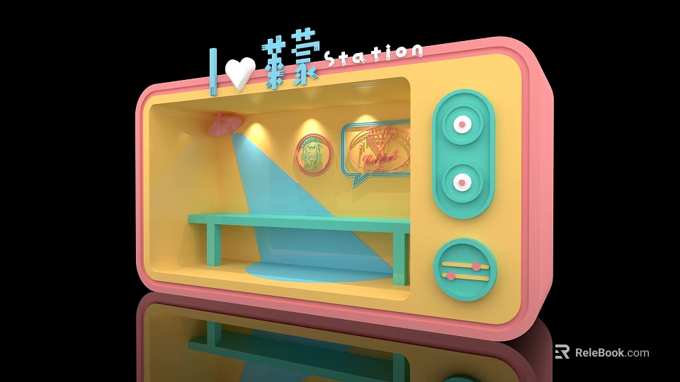 Colorful Yumeng Station Display Booth With Yellow Pink Exterior Blue Counter And Decorative Elements 3d model 