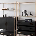 Modern Black and Gold Shelving Unit with Storage Cabinets Drawers and Decorative Items