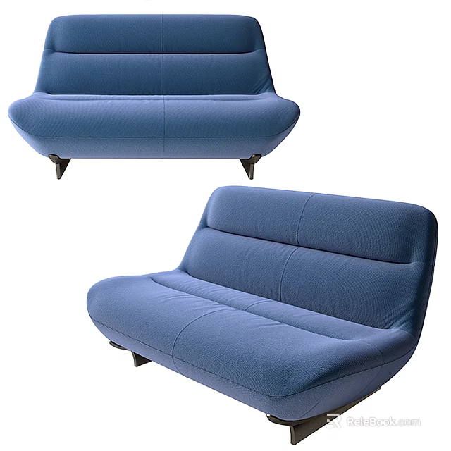 Modern Blue Fabric Double Sofa With Curved Design And Black Legs 3d model