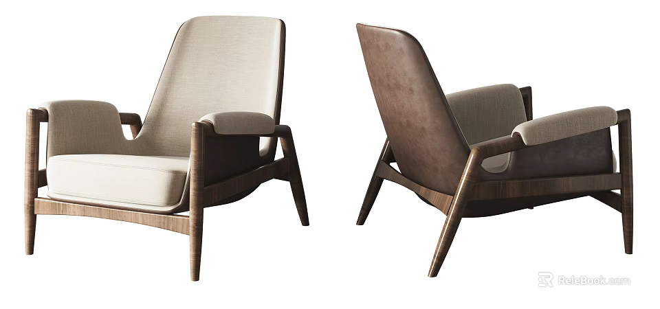Single Sofa with Wooden Frame Fabric Upholstery Beige and Brown Modern Minimalist Design 3d model 