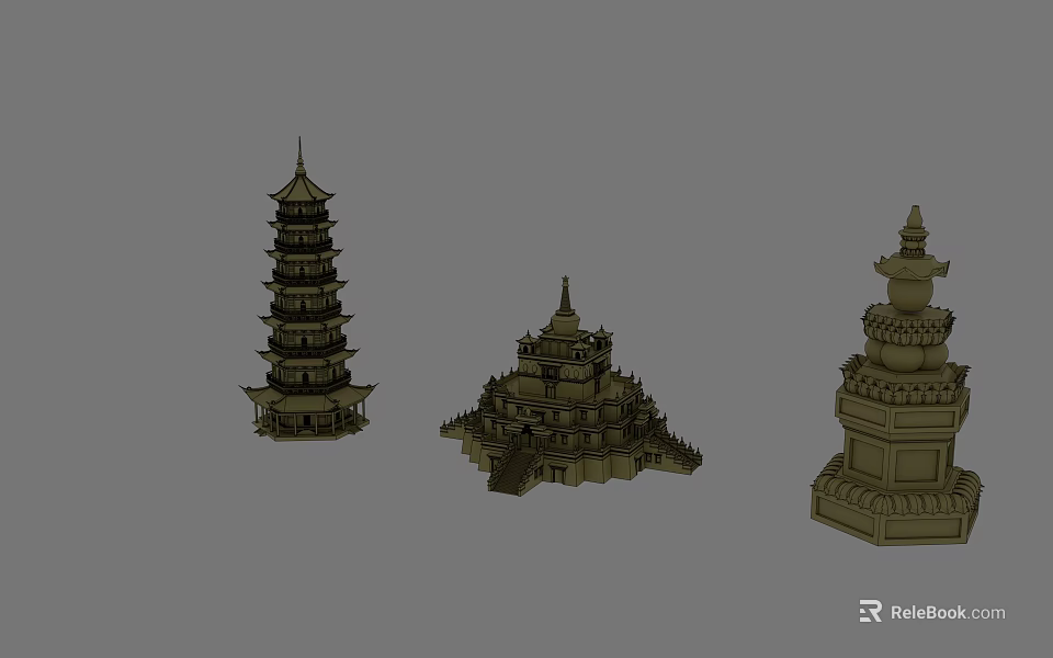 Three Brown Tower 3D Models With Various Styles On Gray Background 3d model