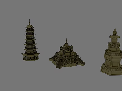 Three Brown Tower 3D Models With Various Styles On Gray Background 3d model