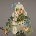 Woman With White Hair Blue Flowers Wearing Monocle Green Outfit Holding Tools And Waist Bag